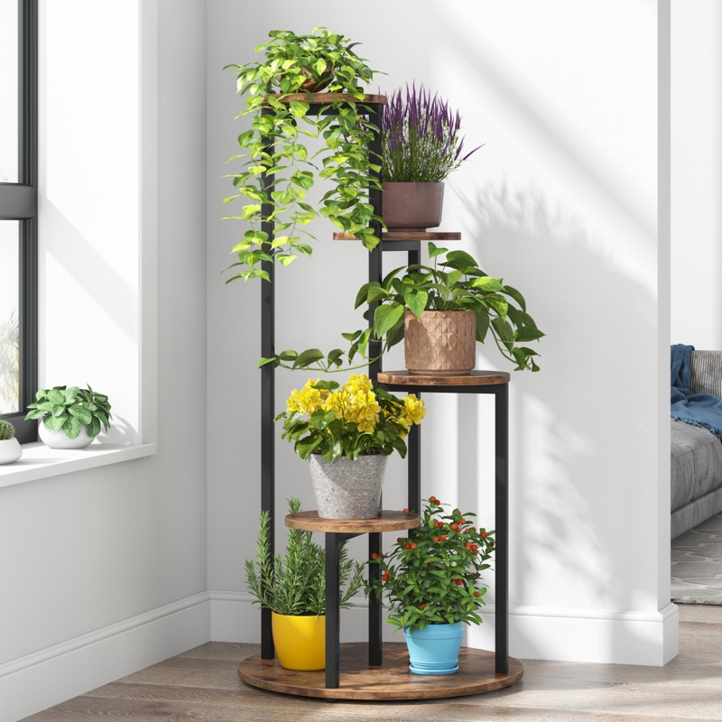 Plant Stand with Circular Base, Five-Tier Staggered Industrial Design