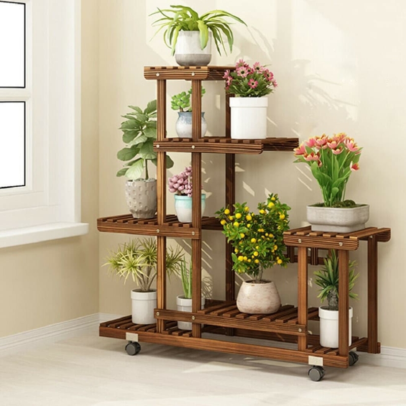Plant Stand with Mobile Casters & Staggered Wood Shelves
