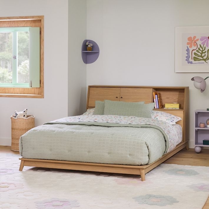 Platform Bed Acorn Wood Mid-Century Storage Headboard with Sliding Doors