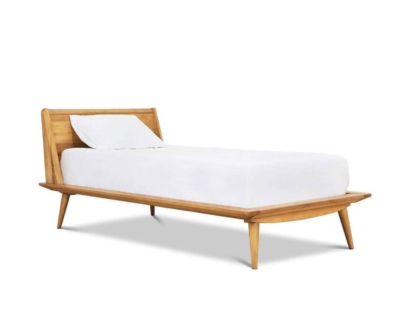 Platform Bed Angled Headboard Tapered Legs, Mid-Century Wooden Bed