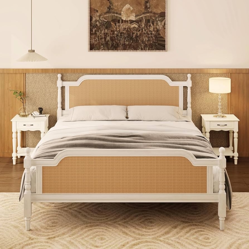 Platform Bed Antique White Cane Panels French Country Style