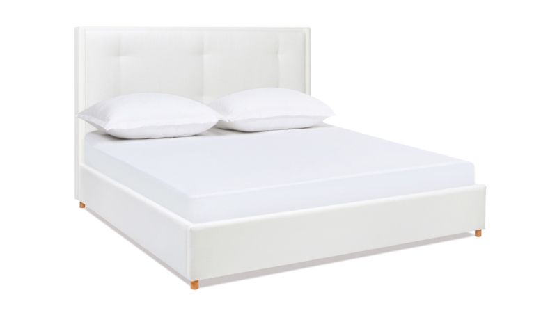 Platform Bed, Antique White Upholstered Cushion Back Headboard