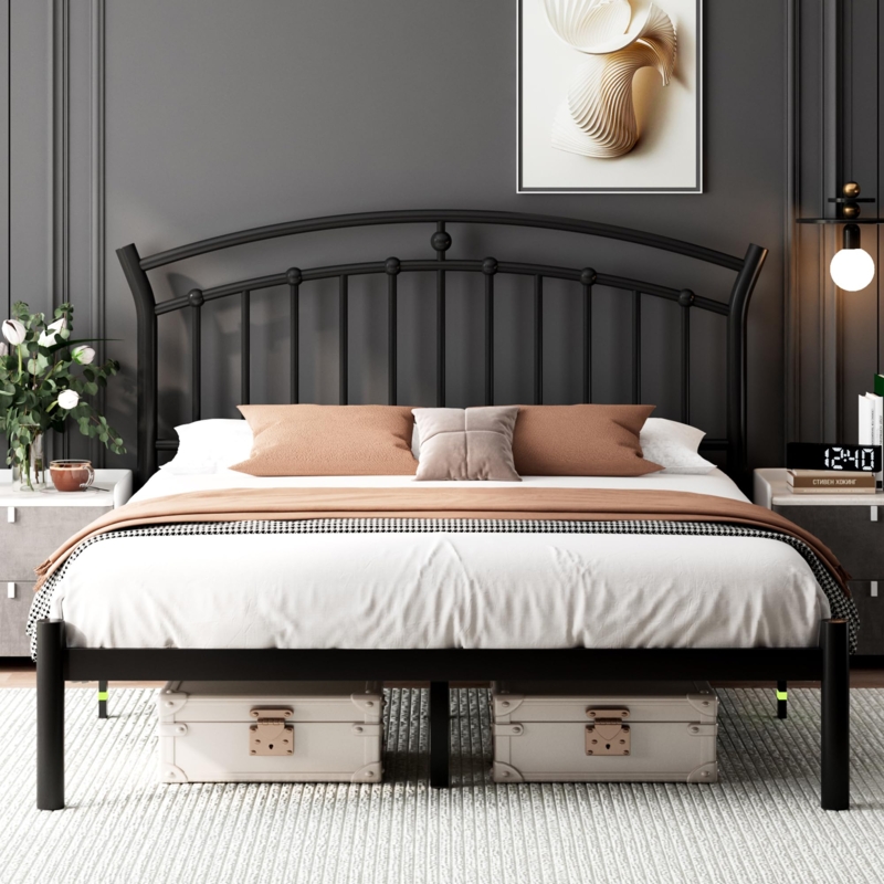 Platform Bed Arched Spindle Headboard, Matte Black Under Bed Storage