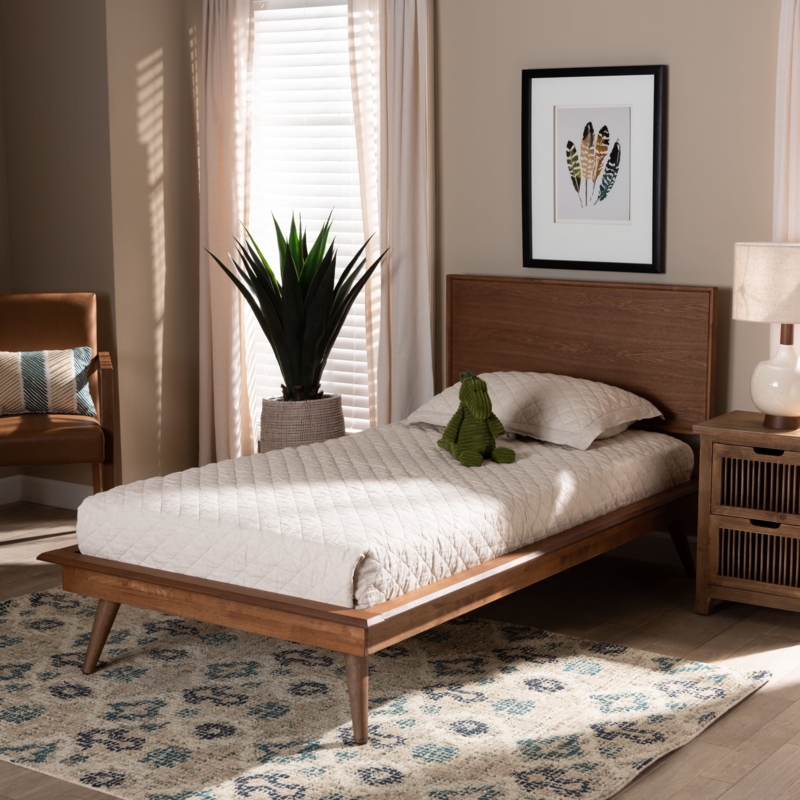 Platform Bed Ash Walnut Finish Flat Headboard Tapered Legs