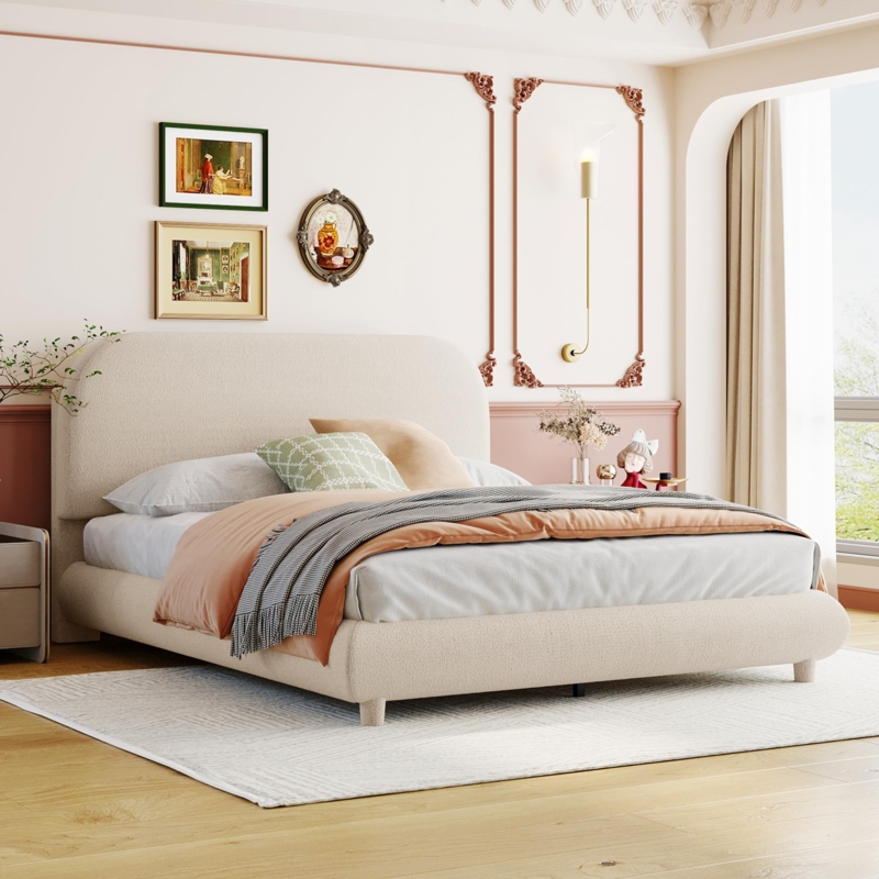 Platform Bed Beige Boucle Texture Curved Headboard Upholstered Frame