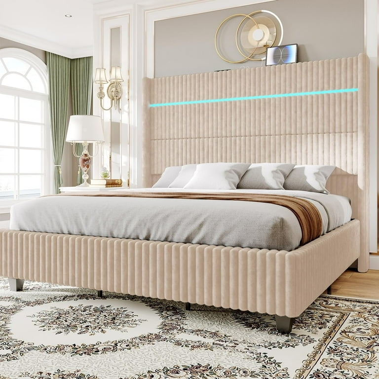 Platform Bed Beige Channel Tufted Headboard with Integrated LED