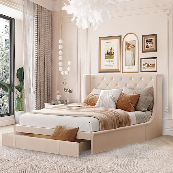 Platform Bed Beige Channeled Wingback with Footboard Storage Drawers