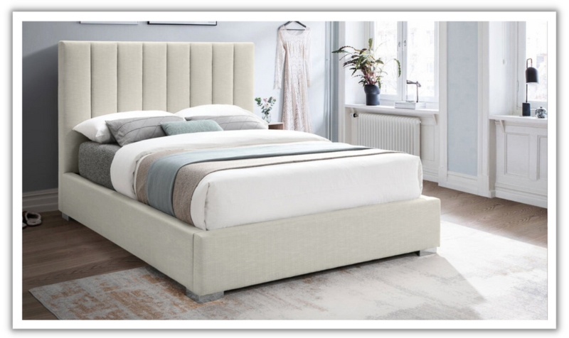 Platform Bed Beige Linen Vertical Channel Tufted Metallic Feet Modern