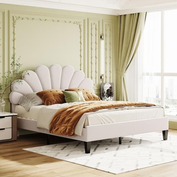 Platform Bed Beige Petal Shaped Velvet Scalloped Headboard Design