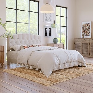 Platform Bed Beige Saddle Curved Headboard Diamond Tufted Curved Bed