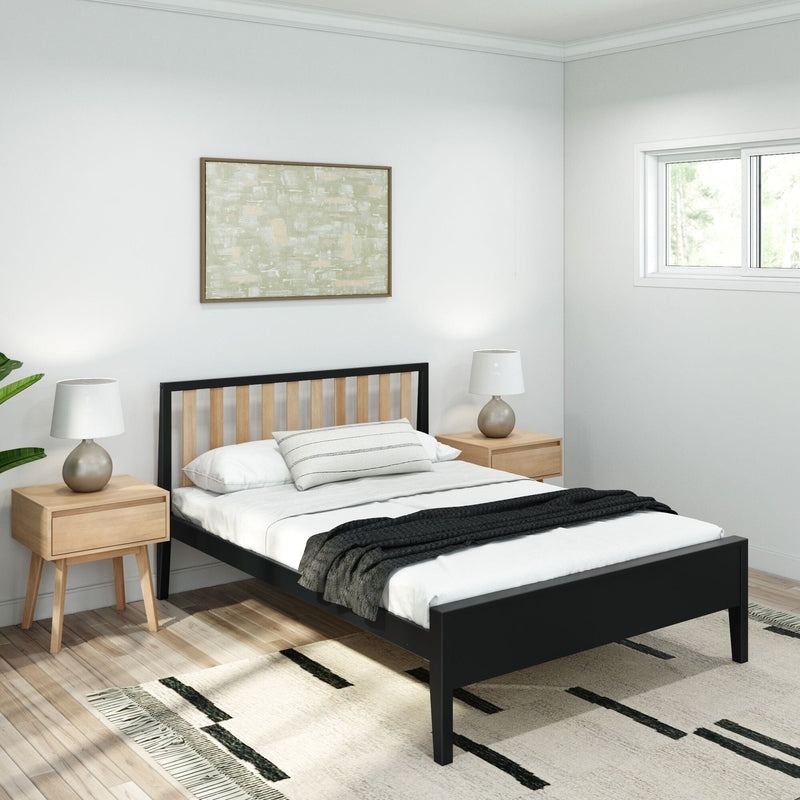 Platform Bed, Black and Wood Two-Tone Slatted Headboard