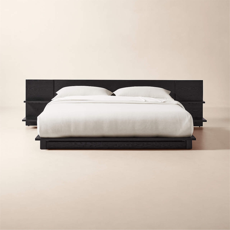 Platform Bed Black Integrated Headboard Built-in Shelving Modern Wood