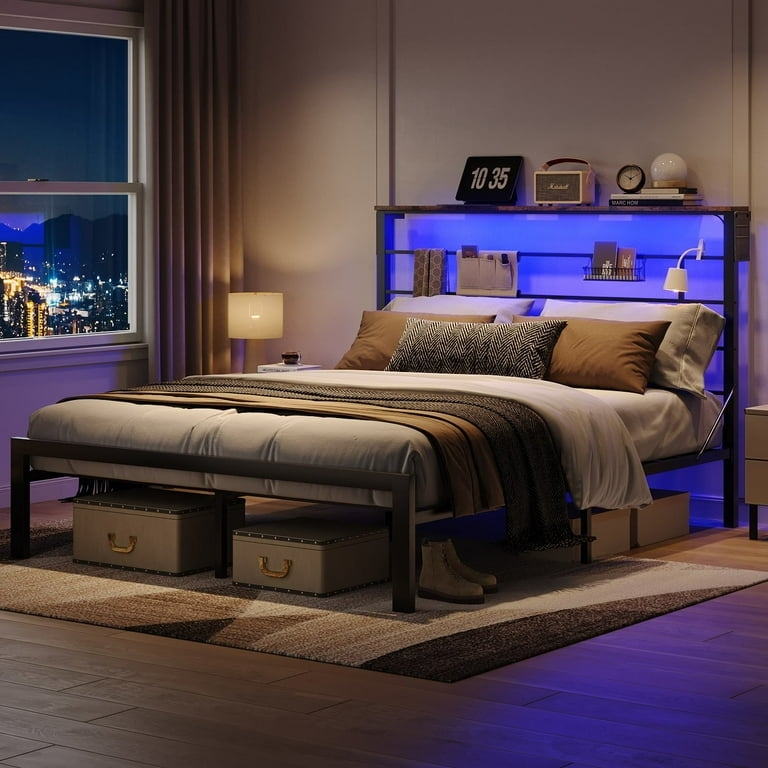 Platform Bed Black Metal Frame with Blue LED Multi-Tier Headboard