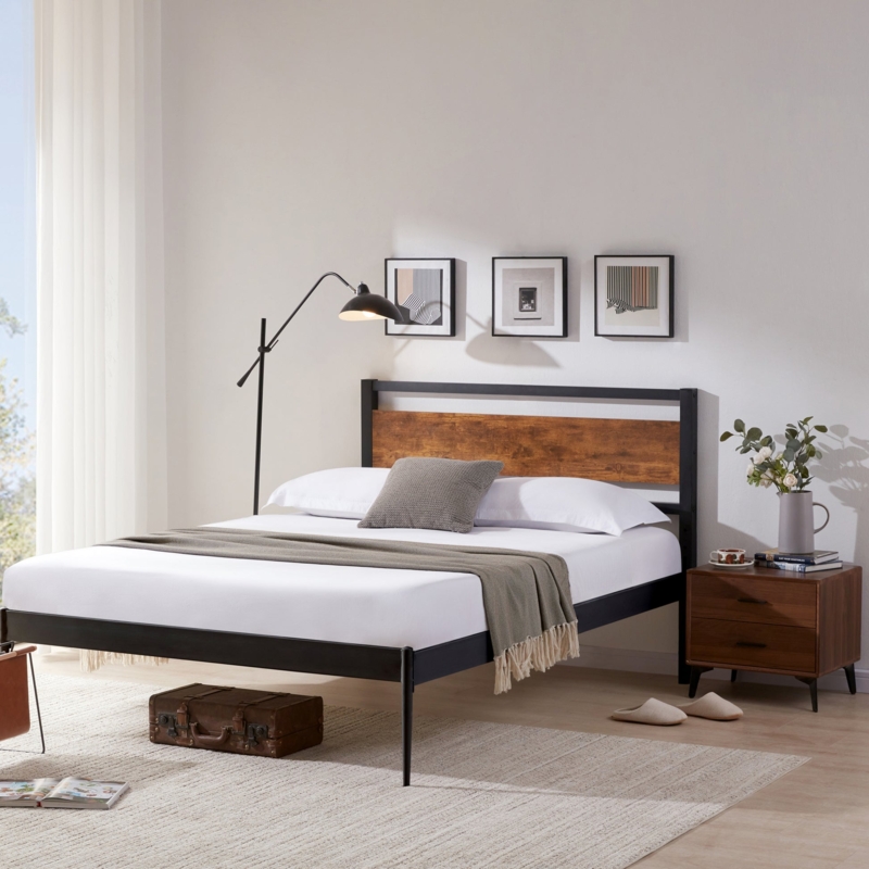 Platform Bed Black Metal Tubing Wood Inlay Tapered Legs