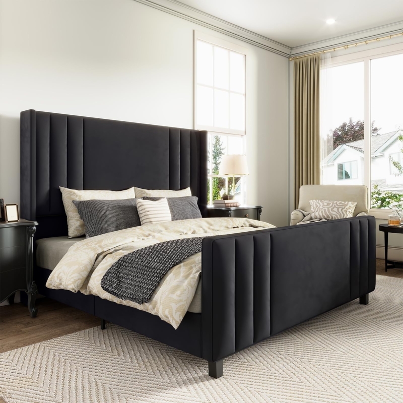 Platform Bed Black Velvet Vertical Channel Tufting Glam
