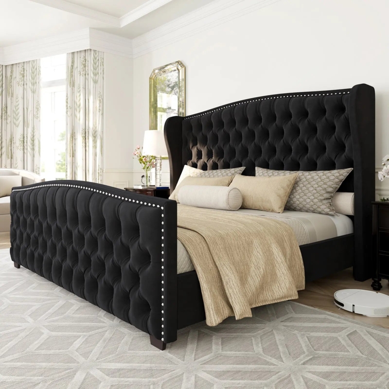 Platform Bed Black Velvet Wingback Upholstered Footboard Glam