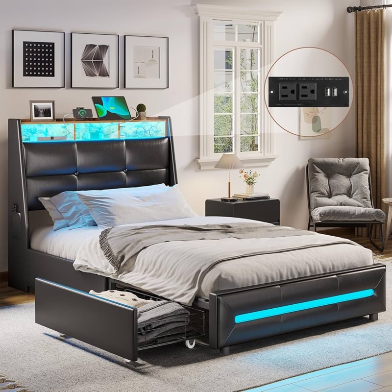 Platform Bed Black with LED Lighting and Integrated Charging Station