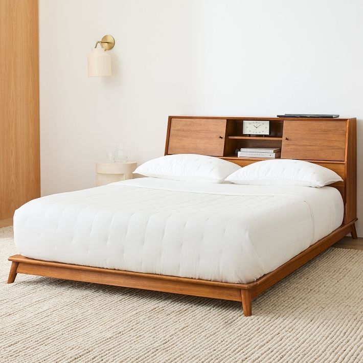 Platform Bed Blonde Wood Mid-Century Storage Headboard Sliding Doors