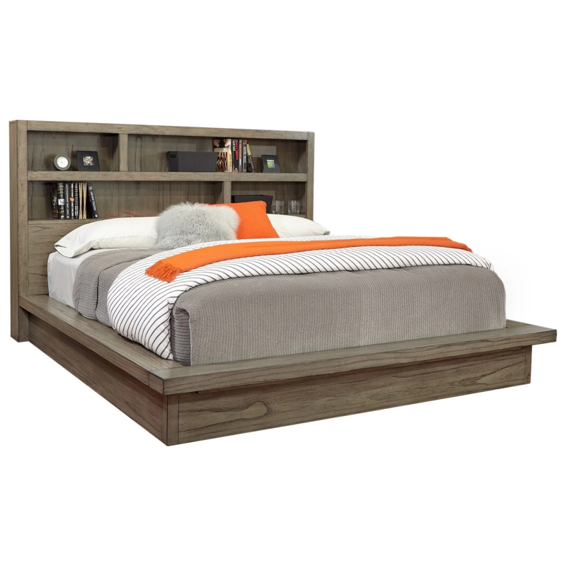 Platform Bed Bookcase Headboard Gray Washed Modern Rustic Storage