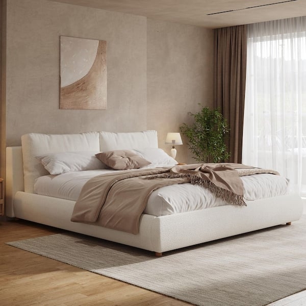 Platform Bed Boucle Fabric Removable Pillow Headboard Modern Organic