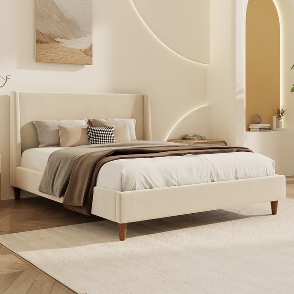 Platform Bed Boucle-like Winged Headboard Tapered Wood Legs Japandi