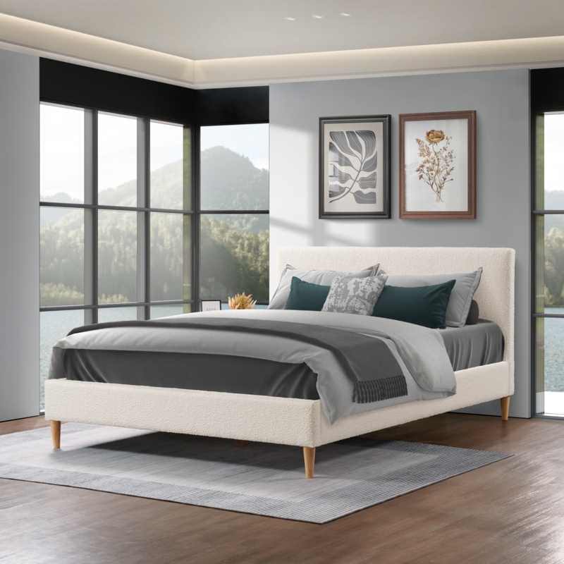 Platform Bed Boucle Texture Cream Upholstered Tapered Legs Modern