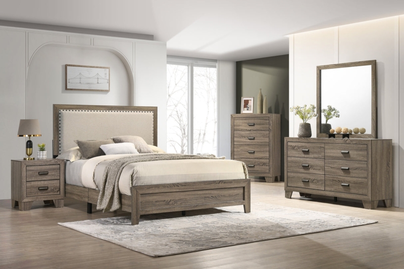 Platform Bed Brownish Gray Finish Nailhead Trim Upholstered Headboard