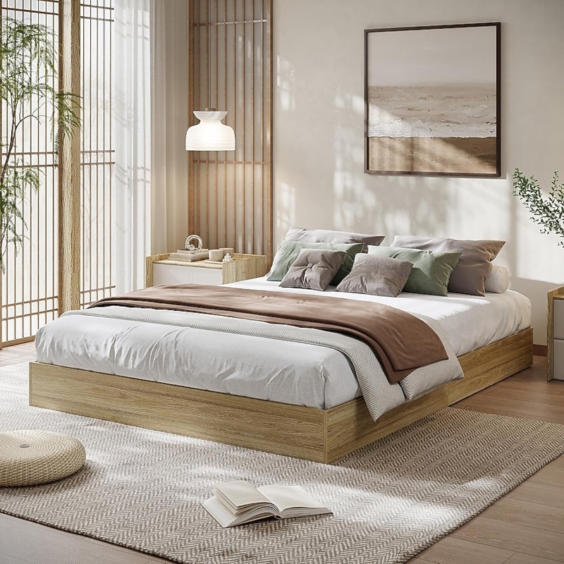Platform Bed Burlywood Wood Floor Standing Minimalist Japandi Style