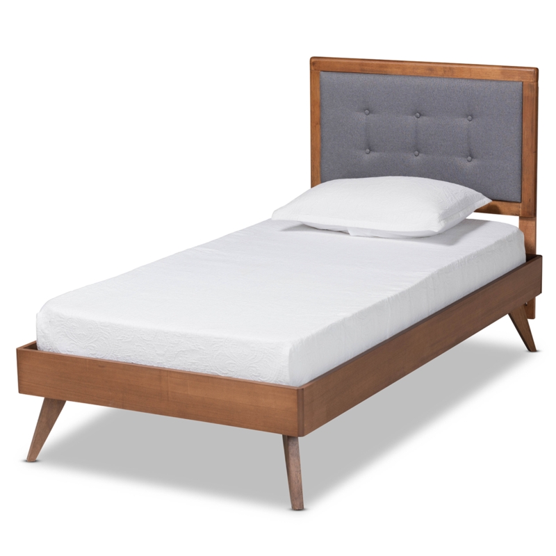Platform Bed Button Tufted Headboard Dark Grey Fabric Walnut