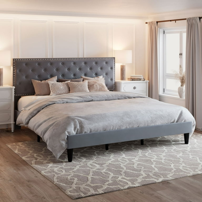 Platform Bed Button Tufted Headboard With Tapered Legs