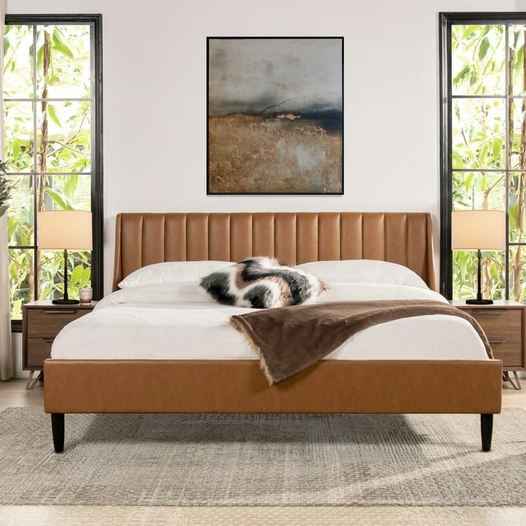 Platform Bed Caramel Faux Leather with Vertical Channel Tufting