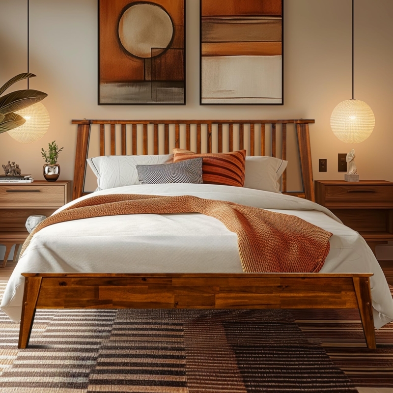 Platform Bed Caramel Mid Century Slatted Headboard Tapered Legs