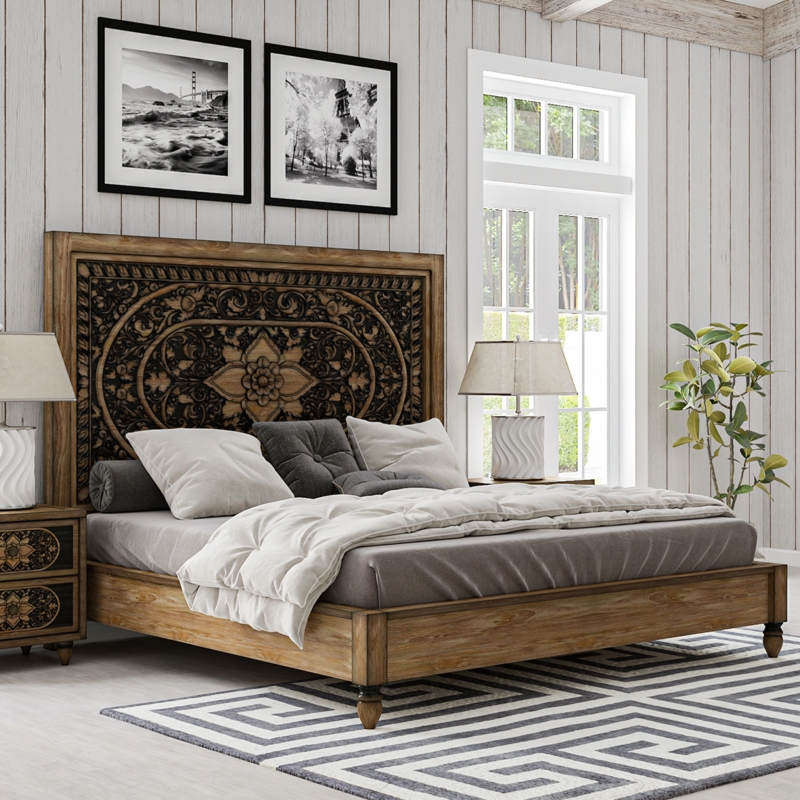 Platform Bed Carved Headboard Moroccan Inspired Rustic Wood Finish