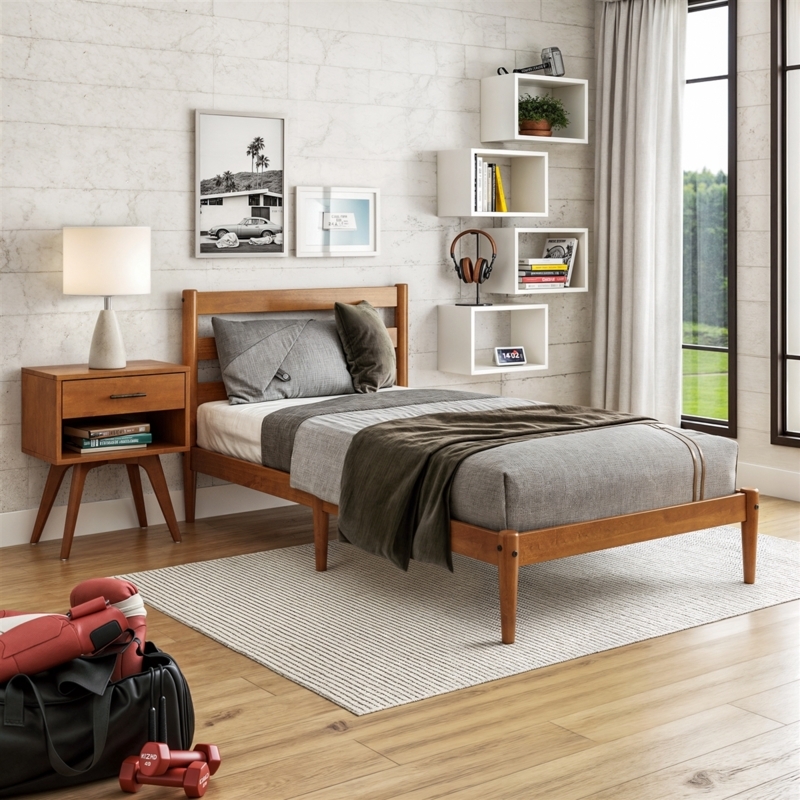 Platform Bed Castanho Finish Slatted Headboard Tapered Legs