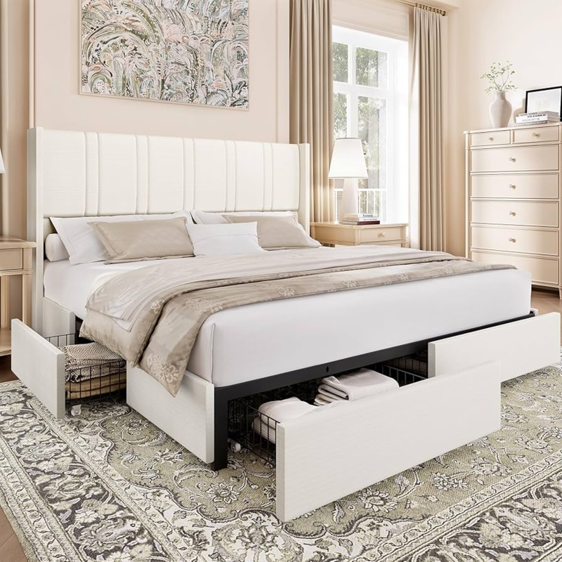 Platform Bed Channel Tufted Wingback White Upholstered Storage