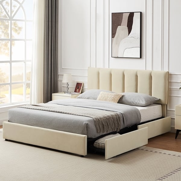 Platform Bed Channeled Headboard Cream Storage Drawers Upholstered