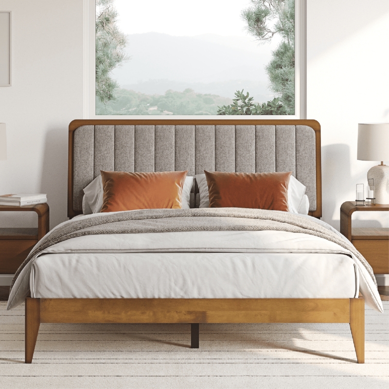 Platform Bed Channeled Upholstery Mid-Century Wood Tapered Legs