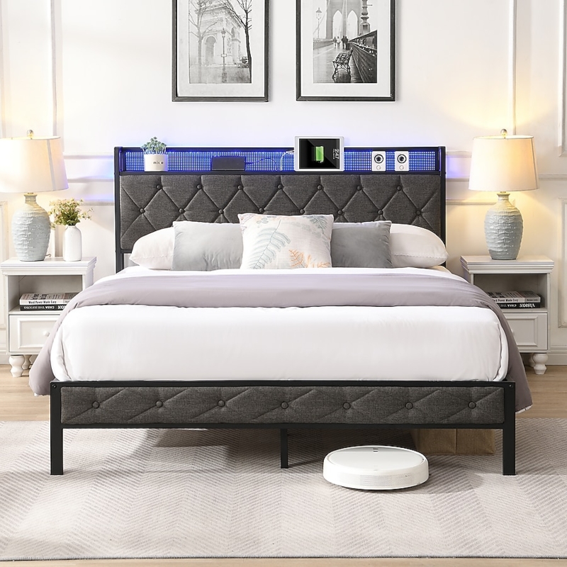 Platform Bed, Charcoal Gray with LED Storage Headboard