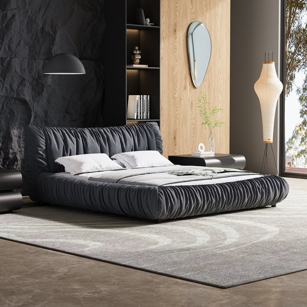 Platform Bed Charcoal Ruched Upholstery Modern Low Profile Design