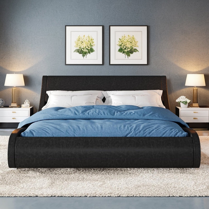 Platform Bed Charcoal Upholstery Curved Sleigh Silhouette Serene Style
