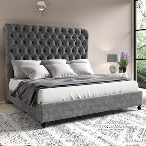 Platform Bed Charcoal Velvet Wingback with Nailhead Trim Diamond Tufting