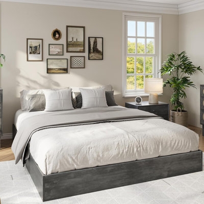 Platform Bed Charcoal Wood Finish Block Frame No Box Spring Bed