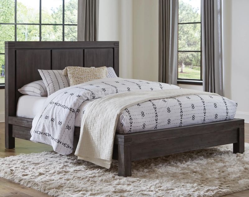 Platform Bed Charcoal Wood Toned Three Panel Headboard Rustic Style