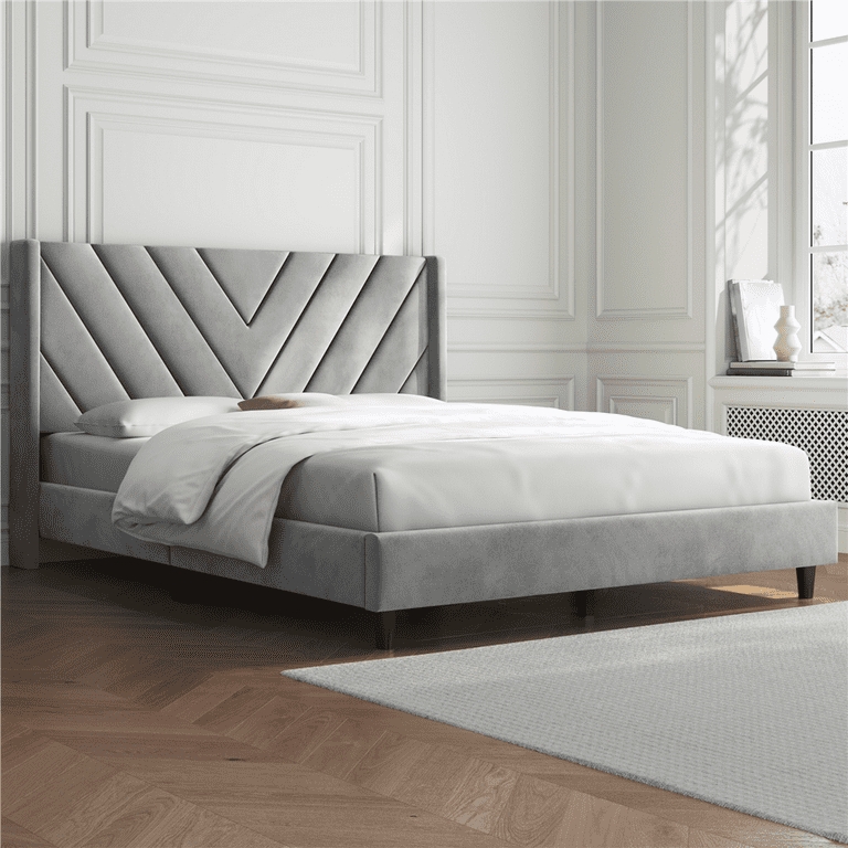 Platform Bed, Chevron Tufted Headboard, Wingback Silhouette, Light Gray