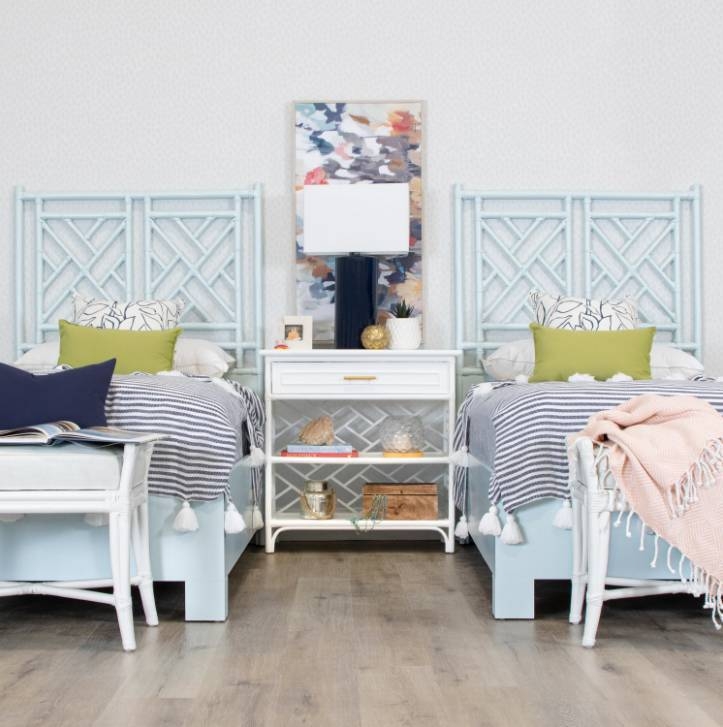 Platform Bed Chippendale Rattan Light Blue Finish Coastal Style