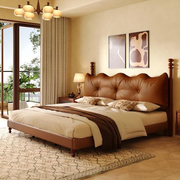 Platform Bed Chocolate Brown Leather Like Scalloped Tufted Headboard