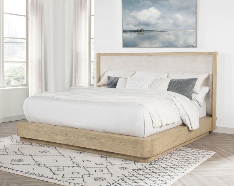 Platform Bed Coastal Modern with Rounded Corners and Beige Oak Finish