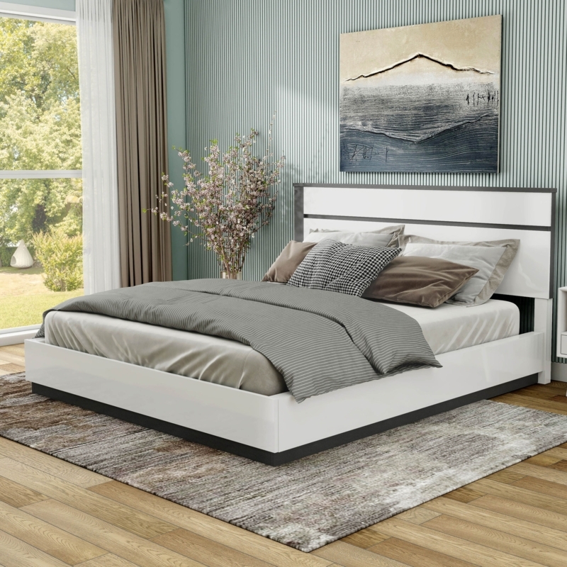 Platform Bed Contemporary Glossy White Two-Tone Panel Headboard