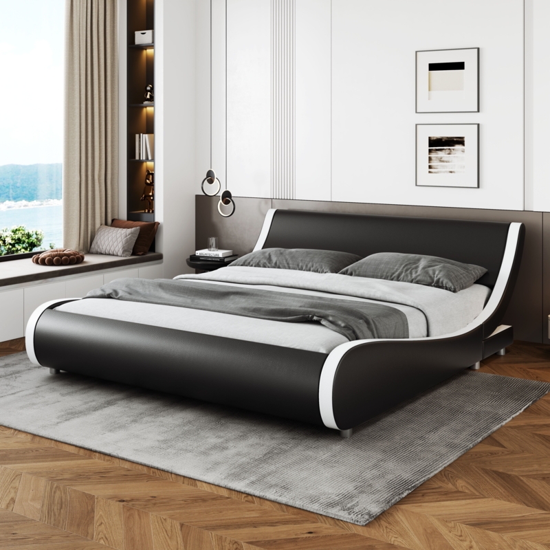 Platform Bed Contemporary Wave Shape Black White Leather-Like