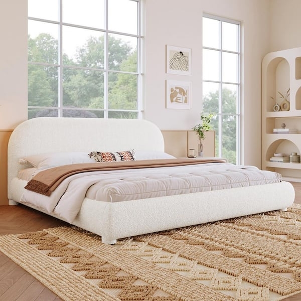 Platform Bed, Cream Boucle Upholstery, Curved Headboard